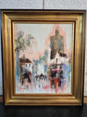 painting of a city street scene with people walking in the rain