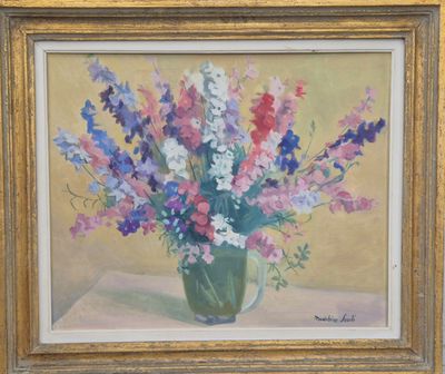 a painting of flowers in a vase on a table