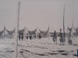 drawing of a group of people walking in a field with tents