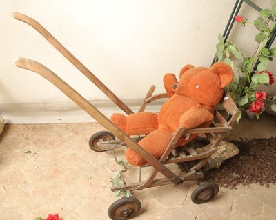 un ours en peluche assis dans une brouette