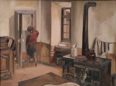 un tableau représentant un homme en chemise rouge assis dans une pièce