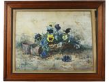 peinture représentant des pensées dans un vase posé sur une table, sur fond blanc