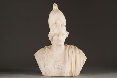 marble bust of a woman with a hat on top of her head