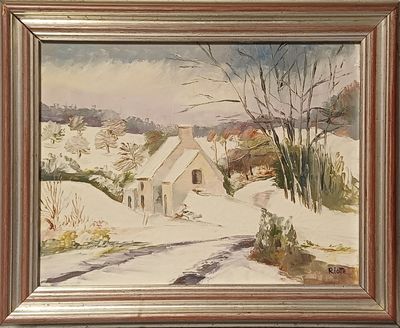 une peinture à l'huile représentant un paysage champêtre enneigé avec une maison blanche