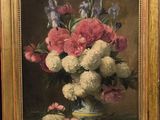 a painting of flowers in a vase on a table