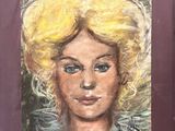 painting of a woman with blonde hair and blue eyes in a purple frame