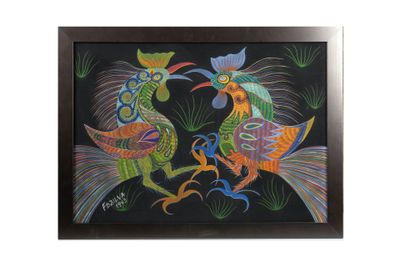 une image représentant un tableau sur lequel figurent deux oiseaux sur fond noir