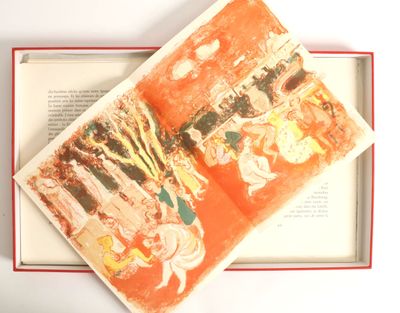 un livre ouvert, orné d'une illustration, posé sur une table