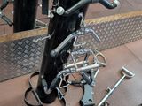 a bike that has been chained to a pole in the gym