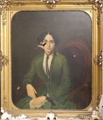 tableau représentant une femme en robe verte, assise sur une chaise