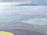 une peinture à l'huile représentant un chien assis sur un rocher au bord de l'eau