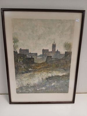 painting of a landscape with buildings and a river in the foreground