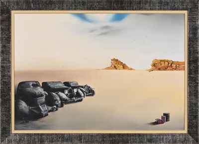 an image of a painting of rocks on a beach with a sky in the background