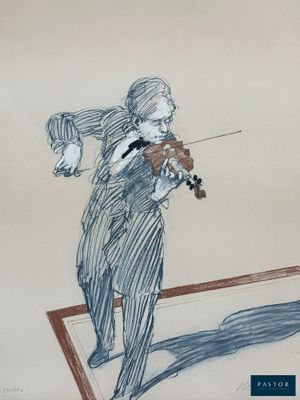 a drawing of a man playing a violin on the floor