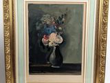 une peinture à l'huile représentant des fleurs dans un vase sur une table
