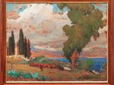 an image of a painting of a landscape with trees and cows