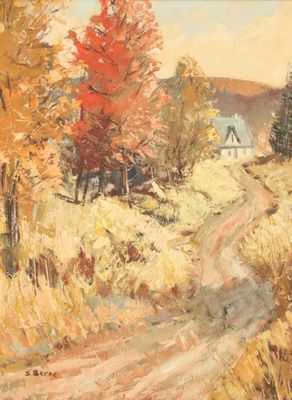 une peinture à l'huile représentant une route de campagne avec une maison au loin