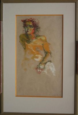 painting of a woman in a yellow dress in a brown frame
