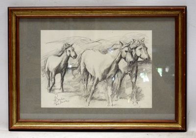 drawing of two horses running in a field with a mountain in the background