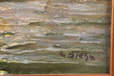 an oil painting of a boat in a body of water