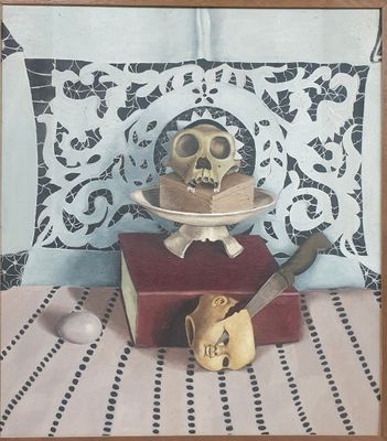 une peinture représentant un crâne posé sur un livre