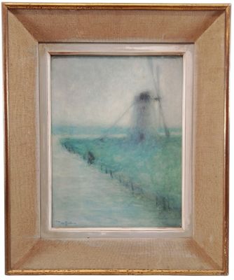 painting of a windmill in a field in a wooden frame