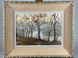 an oil painting of a landscape with trees and a river in the background