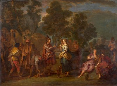 une image d'une peinture représentant un groupe de personnes dans un champ