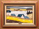 an image of a painting of a farm scene in a gold frame