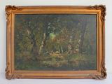 an image of a painting of a forest scene with a man and a dog