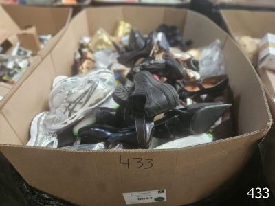 plusieurs paires de chaussures dans une boîte en carton posée sur le sol