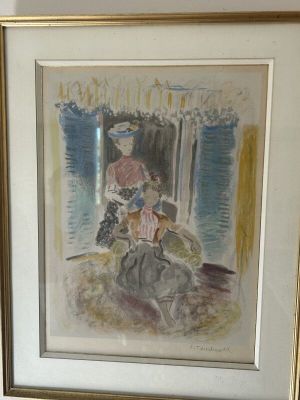 tableau représentant une femme et un enfant assis sur un banc
