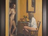 painting of a naked woman sitting in a chair in front of a mirror