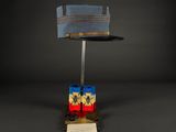 an image of a hat on a metal stand with a piece of paper on it