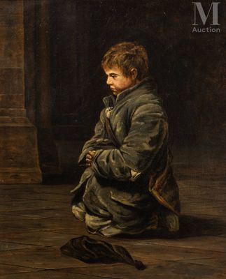 a painting of a boy sitting on the floor in a dark room