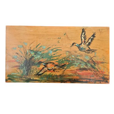un tableau représentant deux canards volant au-dessus de l'eau