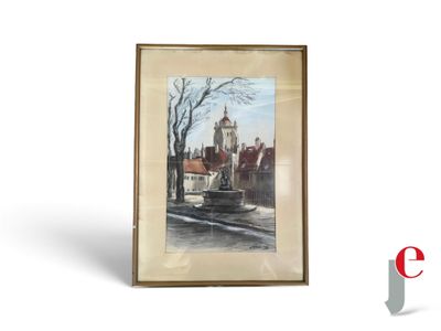 painting of a church with a clock tower in the middle of it