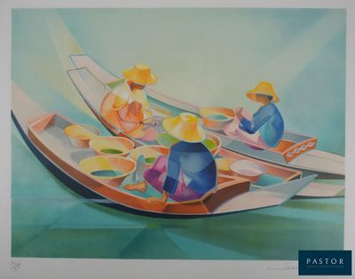 a painting of a couple of people in a boat