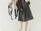 an image of a woman in a black coat and a man in a red hat are walking with a dog