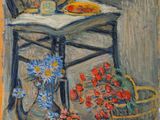 une image représentant un tableau d'une chaise sur laquelle est posé un panier de fleurs
