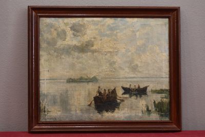 painting of a group of people in a rowboat on a lake