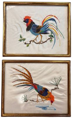 two framed pictures of a rooster and a bird on a branch