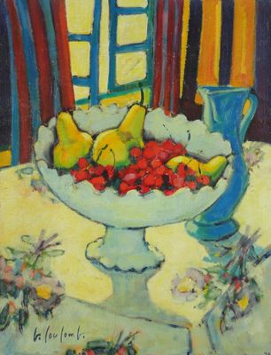 Georges COULOMB (1947-2022). Coupe de fruits au vase bleu. H…