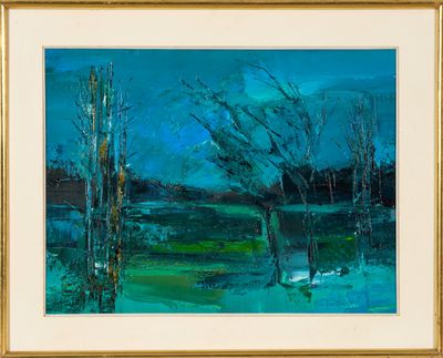 une peinture à l'huile représentant un paysage avec des arbres et un plan d'eau