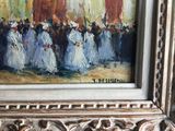 a painting of a group of people walking down a street