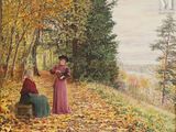 un tableau représentant deux femmes assises sur un banc dans les bois