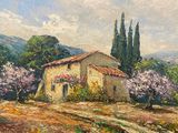 an oil painting of a house on a hill with a dirt road