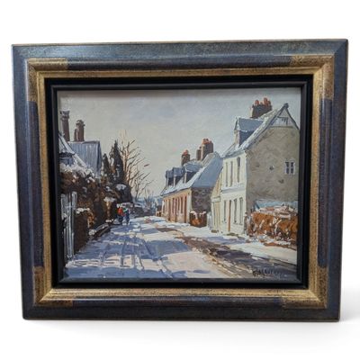 an image of a painting of a snowy street in a village