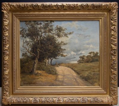 l'image d'une peinture représentant un chemin de terre avec des arbres en arrière-plan
