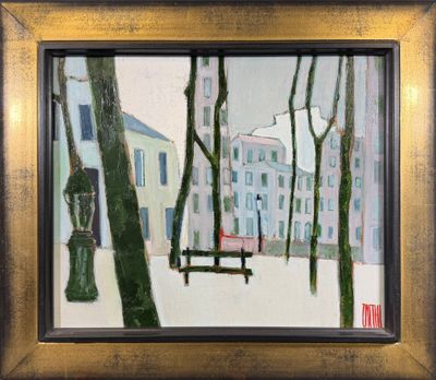 un tableau représentant un banc dans la neige, près d'un immeuble
